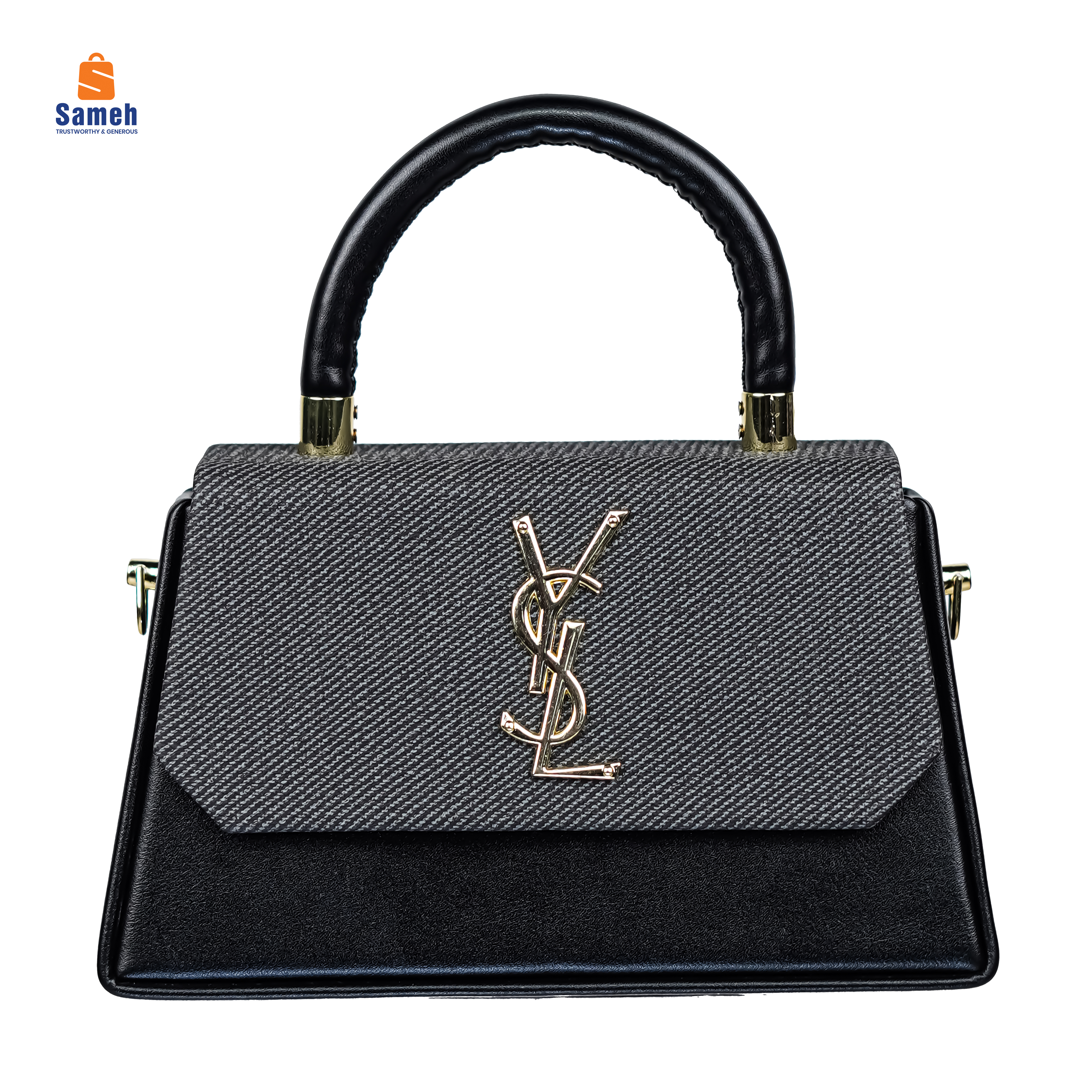 Chic Black & Grey Top Handle Bag with Gold-Tone Logo