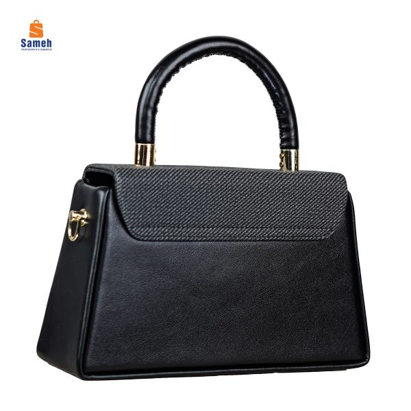Chic Black & Grey Top Handle Bag with Gold-Tone Logo - Image 3