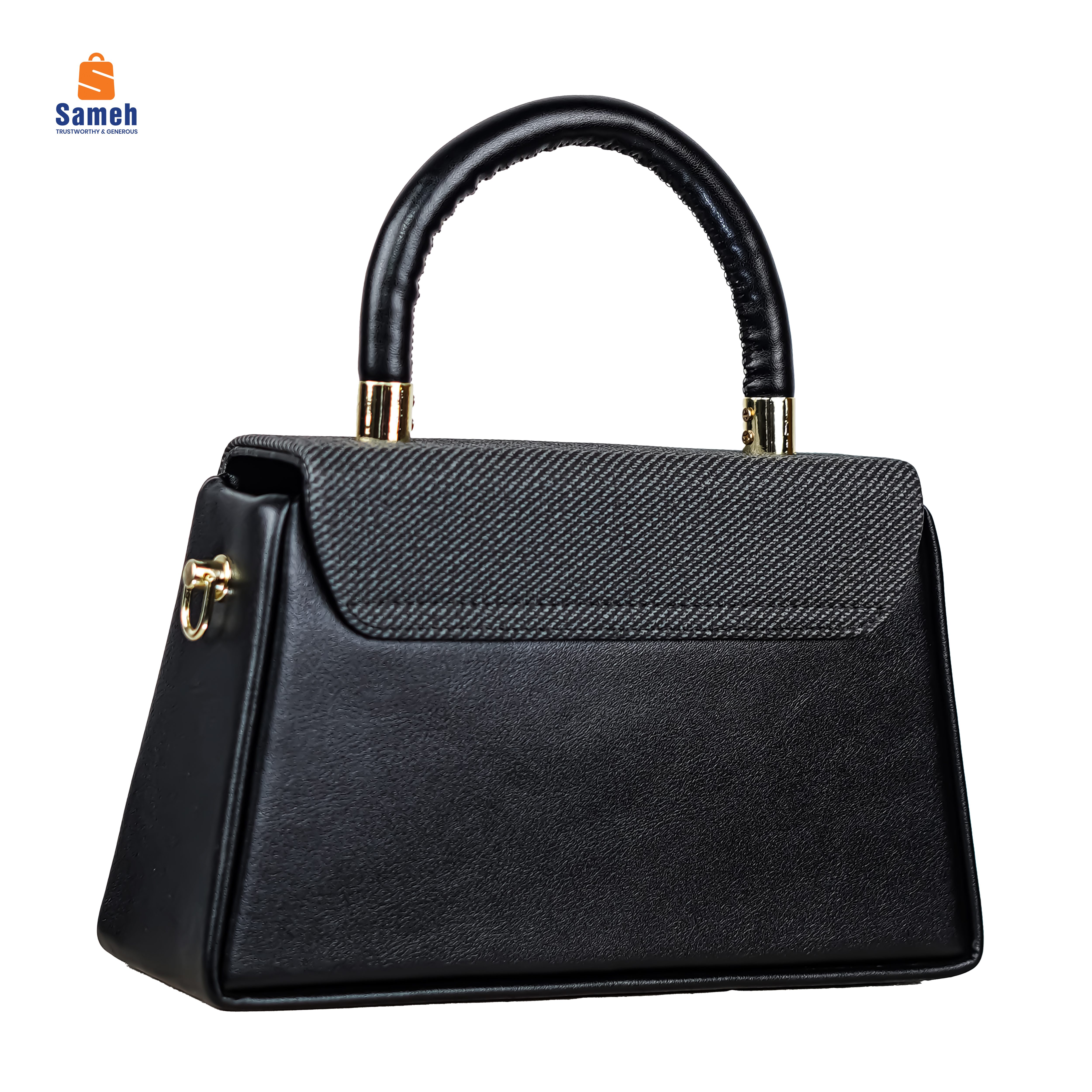 Chic Black & Grey Top Handle Bag with Gold-Tone Logo - Image 3
