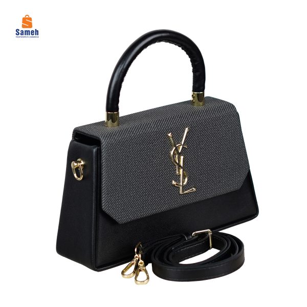 Chic Black & Grey Top Handle Bag with Gold-Tone Logo - Image 2