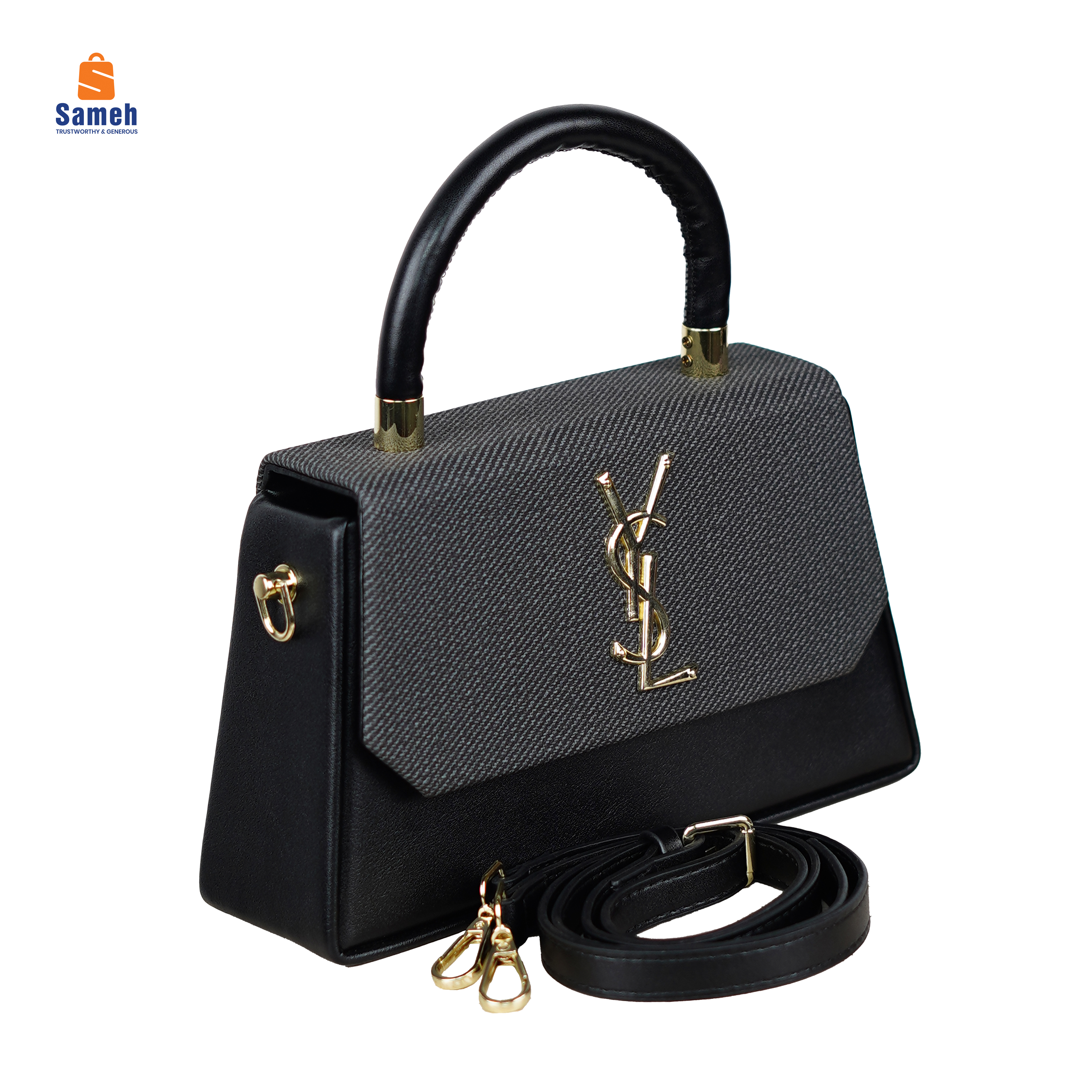 Chic Black & Grey Top Handle Bag with Gold-Tone Logo - Image 2