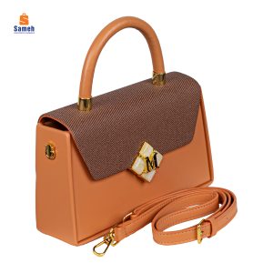 Trendy Women's Tan and Brown Flap Bag with Marble-Effect 'M' Clasp