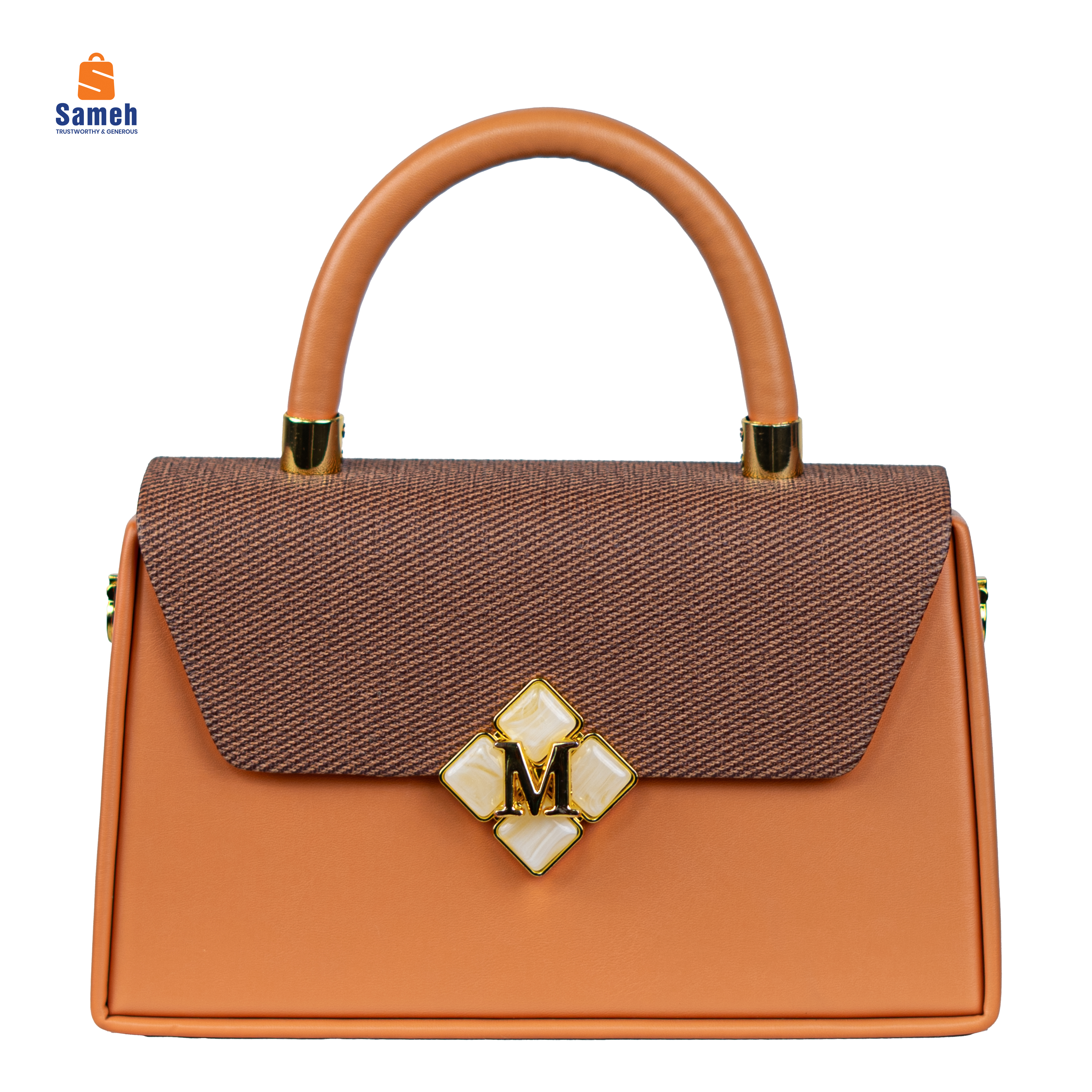 Trendy Women's Tan and Brown Flap Bag with Marble-Effect 'M' Clasp - Image 2
