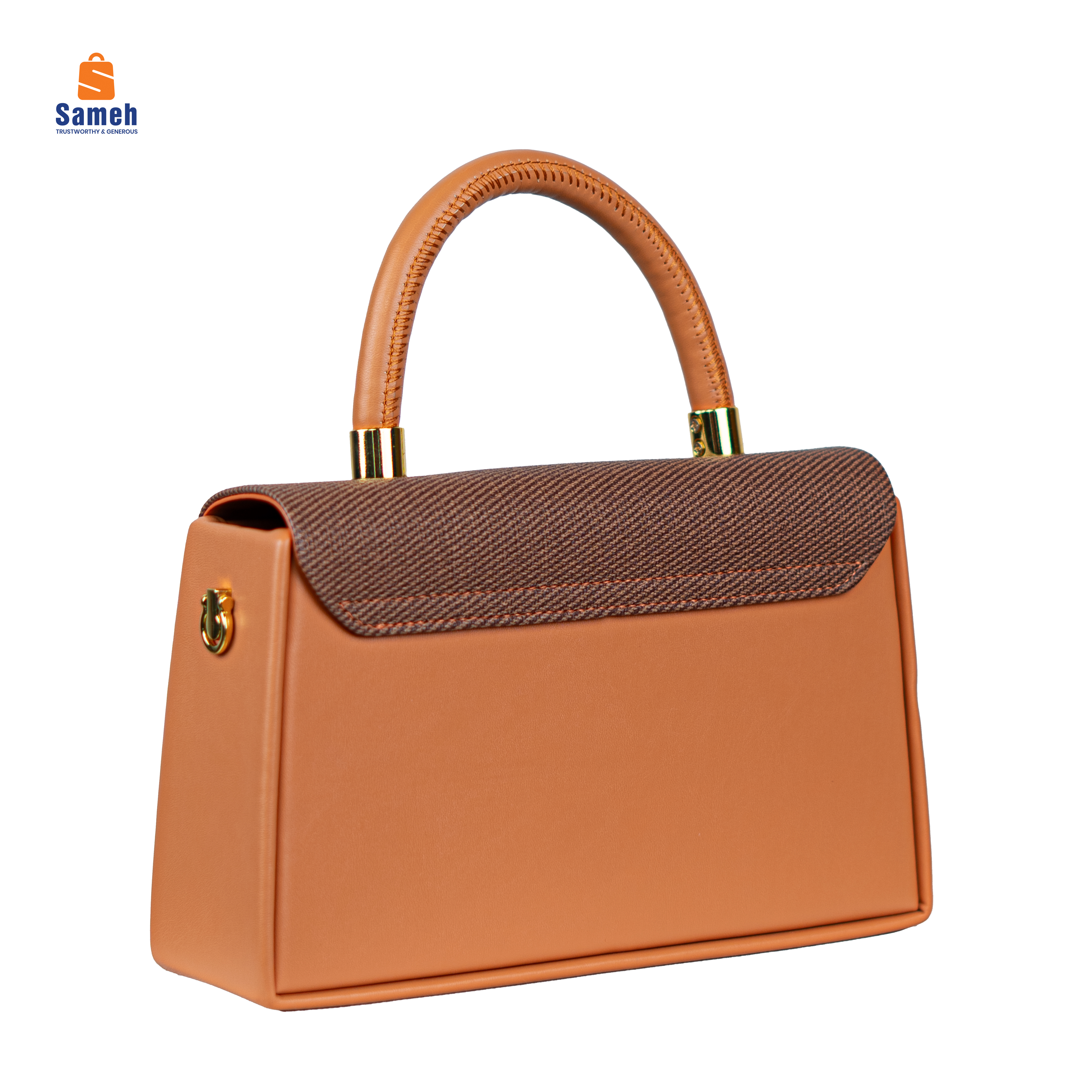 Trendy Women's Tan and Brown Flap Bag with Marble-Effect 'M' Clasp - Image 3