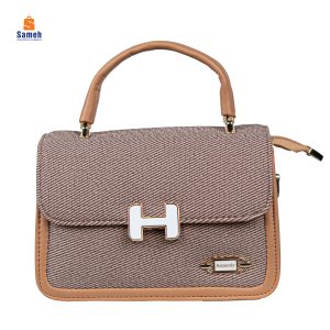 Elegant Beige & Brown Textured Flap Bag with White Clasp