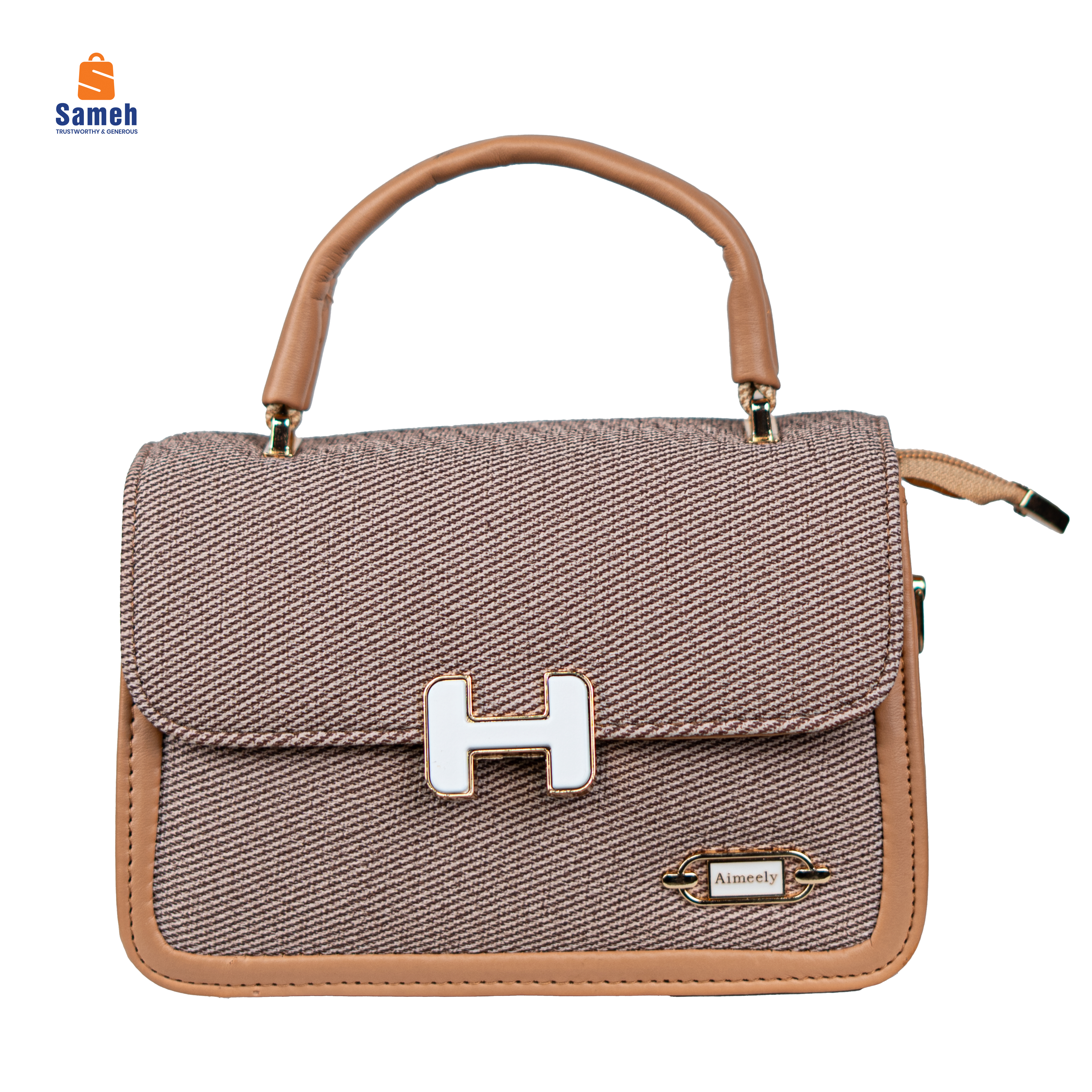 Elegant Beige & Brown Textured Flap Bag with White Clasp