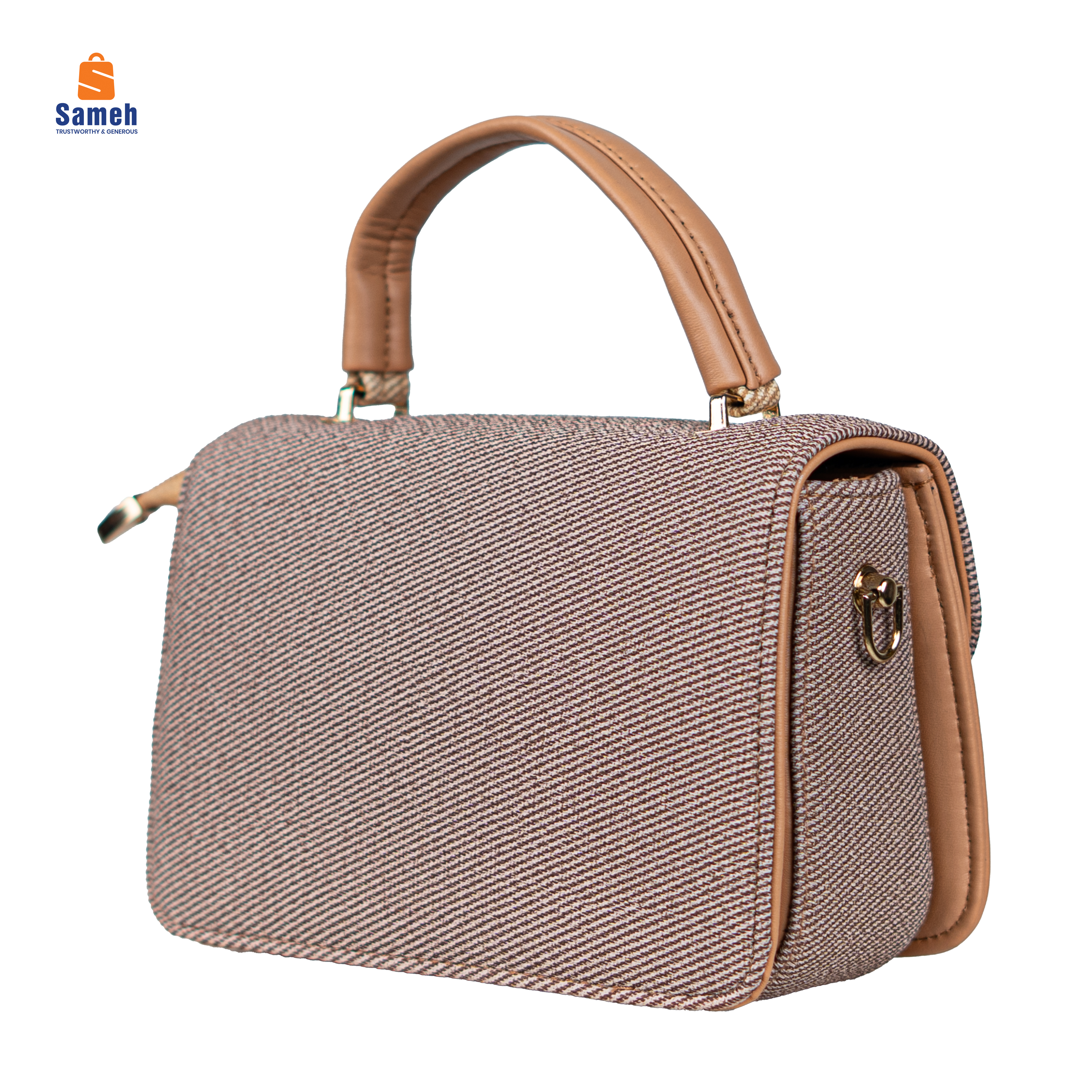 Elegant Beige & Brown Textured Flap Bag with White Clasp - Image 3