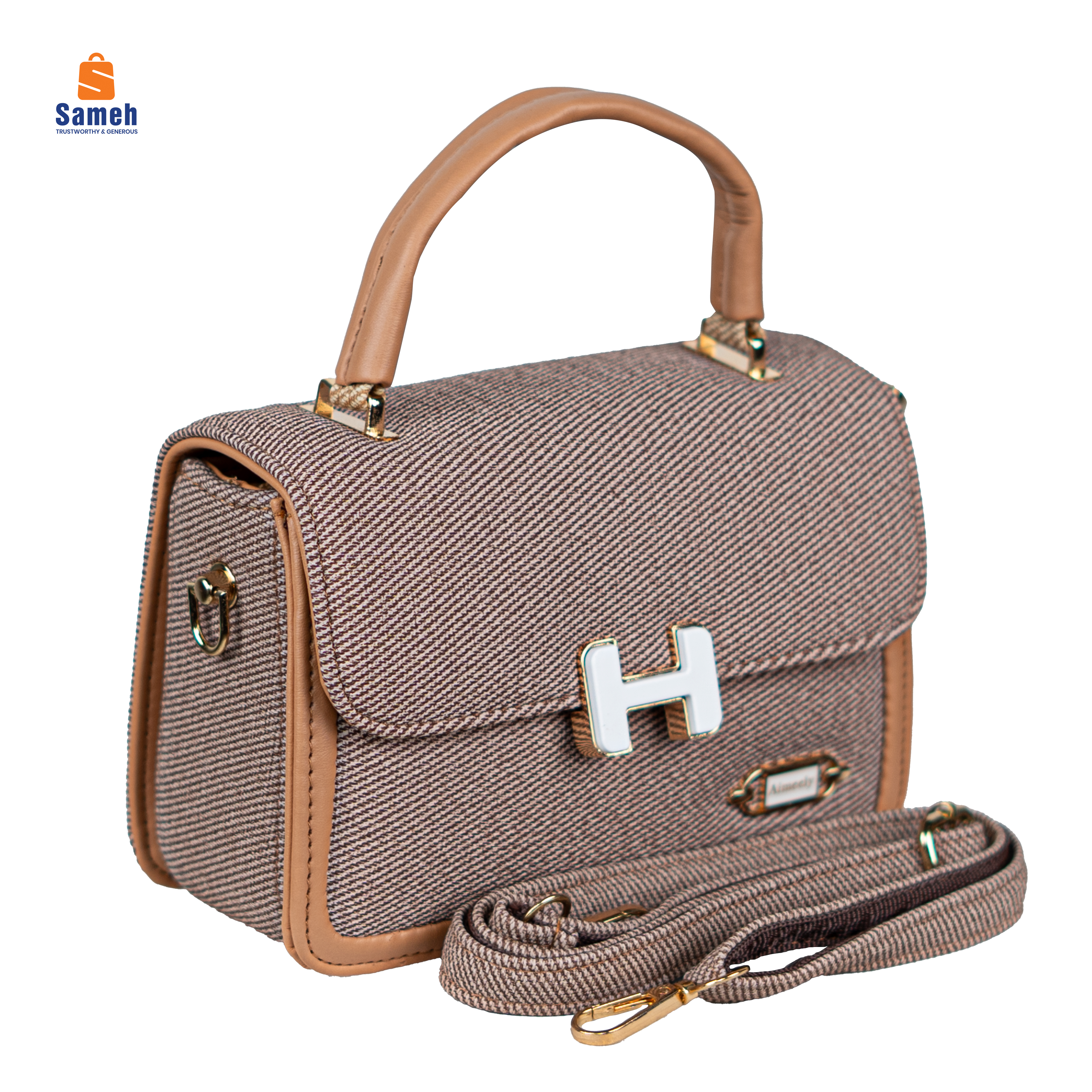 Elegant Beige & Brown Textured Flap Bag with White Clasp - Image 2