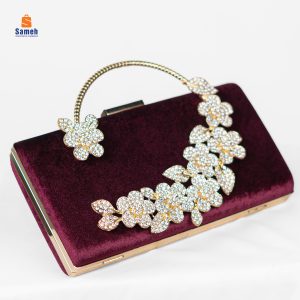 Regal Maroon Velvet Clutch with Crystal Floral Handle