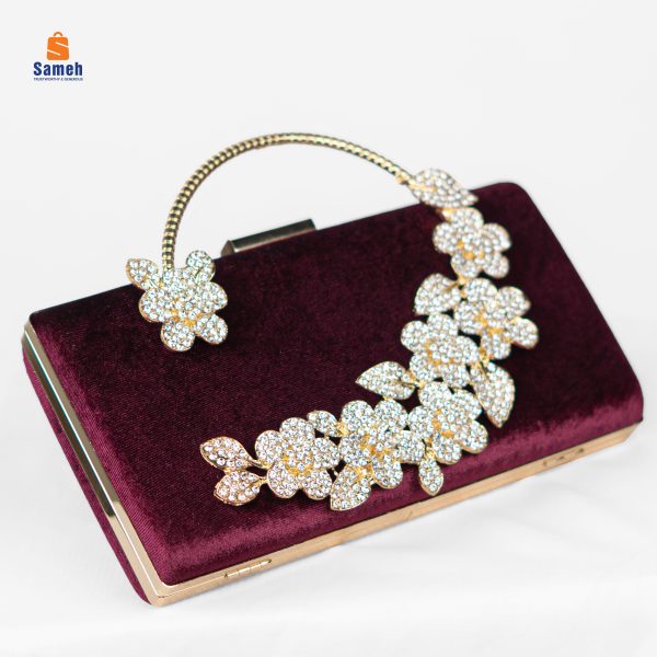 Regal Maroon Velvet Clutch with Crystal Floral Handle