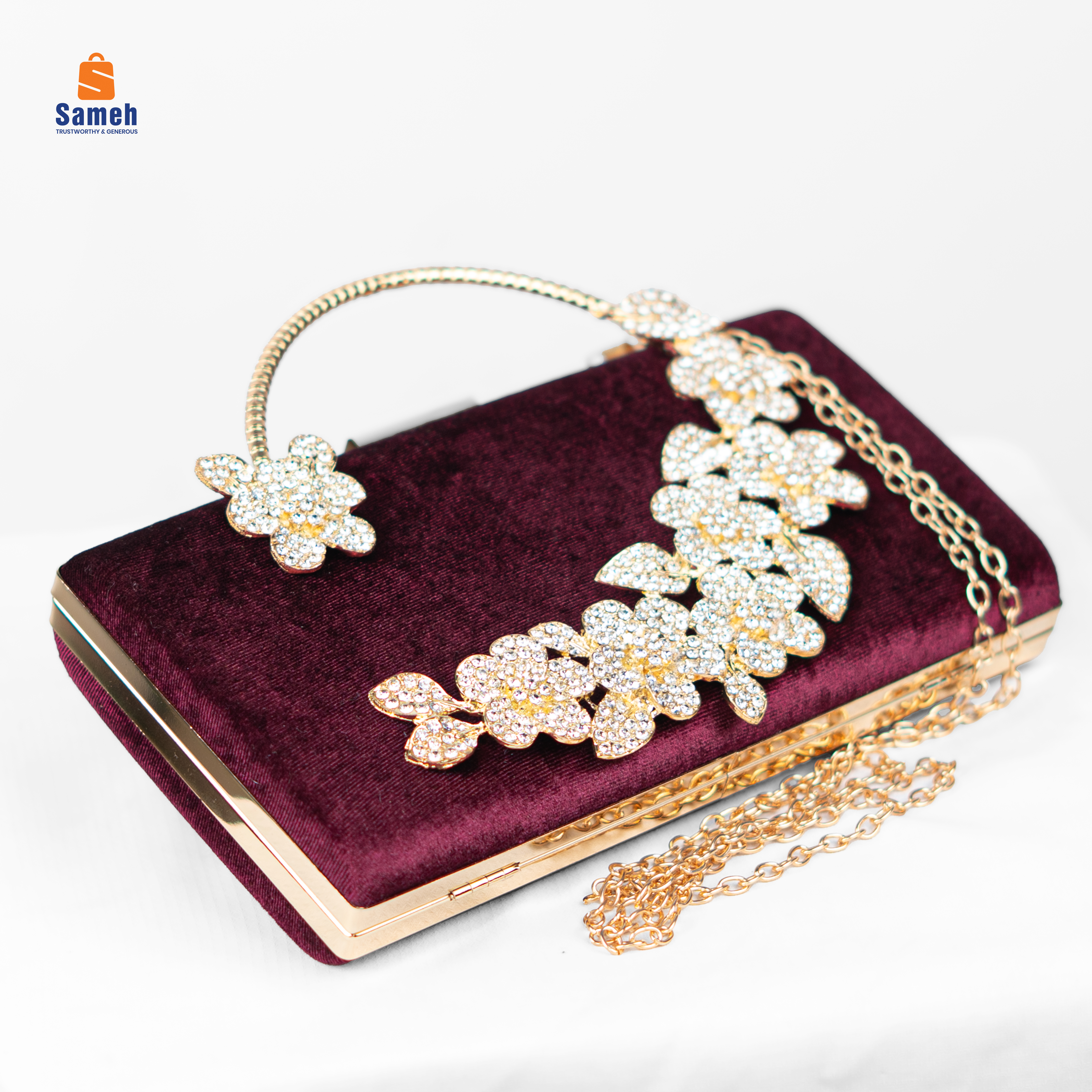 Regal Maroon Velvet Clutch with Crystal Floral Handle - Image 2